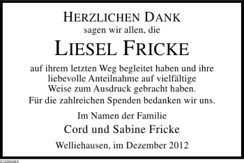 Traueranzeige von Liesel Fricke von Deister- und Weserzeitung