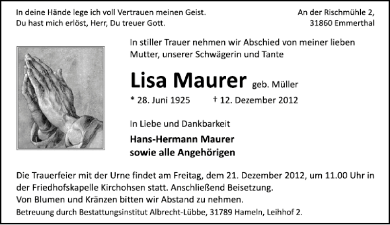  Traueranzeige für Lisa Maurer vom 19.12.2012 aus Deister- und Weserzeitung