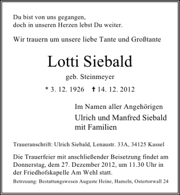 Traueranzeige von Lotti Siebald von Deister- und Weserzeitung