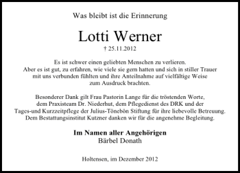 Traueranzeige von Lotti Werner von Deister- und Weserzeitung
