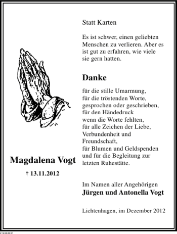 Traueranzeige von Magdalena Vogt von Deister- und Weserzeitung