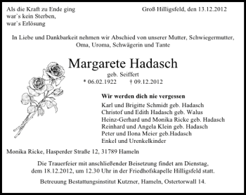 Traueranzeige von Margarete Hadasch von Deister- und Weserzeitung