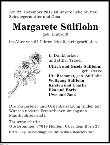 Traueranzeige von Margarete Sülflohn von Deister- und Weserzeitung