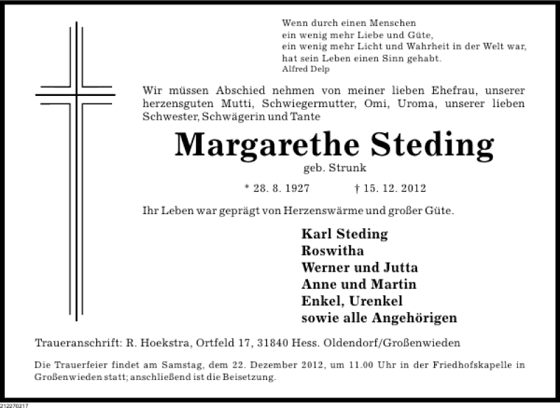  Traueranzeige für Margarethe Steding vom 19.12.2012 aus Deister- und Weserzeitung