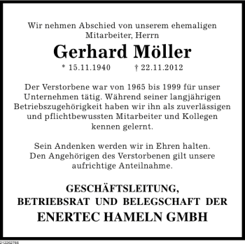 Traueranzeige von Nachruf Gerhard Möller von Deister- und Weserzeitung