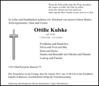 Traueranzeige von Ottilie Kulske von Deister- und Weserzeitung