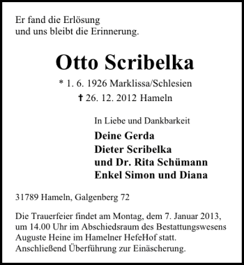 Traueranzeige von Otto Scribelka von Deister- und Weserzeitung