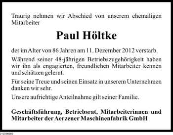 Traueranzeige von Paul Höltke von Deister- und Weserzeitung