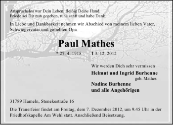 Traueranzeige von Paul Mathes von Deister- und Weserzeitung