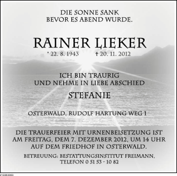 Traueranzeige von Rainer Lieker von Deister- und Weserzeitung
