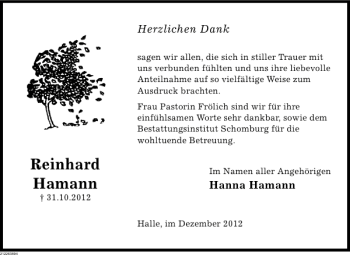 Traueranzeige von Reinhard Hamann von Deister- und Weserzeitung
