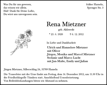 Traueranzeige von Rena Mietzner von Deister- und Weserzeitung
