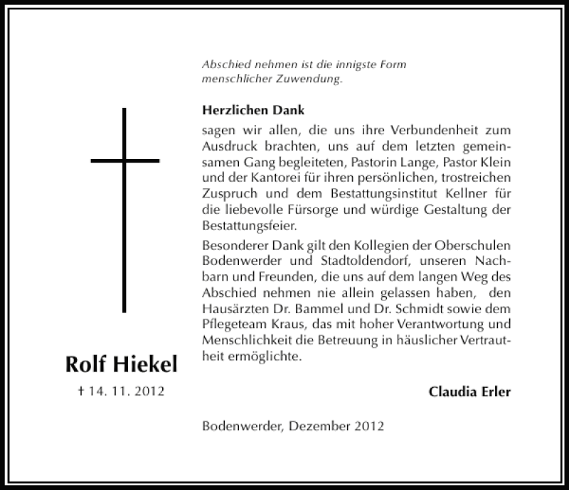  Traueranzeige für Rolf Hiekel vom 22.12.2012 aus Deister- und Weserzeitung