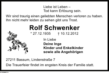 Traueranzeige von Rolf Schwenker von Deister- und Weserzeitung