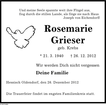 Traueranzeige von Rosemarie Grieser von Deister- und Weserzeitung