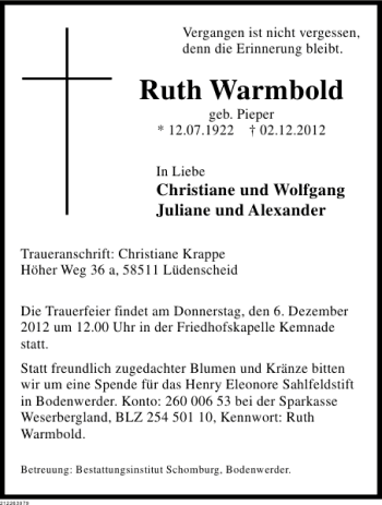 Traueranzeige von Ruth Warmbold von Deister- und Weserzeitung