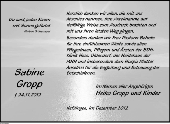 Traueranzeige von Sabine Gropp von Deister- und Weserzeitung