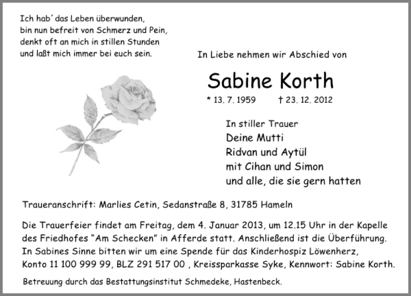  Traueranzeige für Sabine Korth vom 29.12.2012 aus Deister- und Weserzeitung