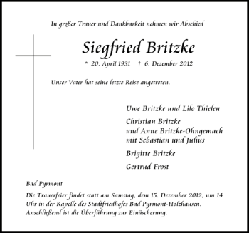 Traueranzeige von Siegfried Britzke von Deister- und Weserzeitung