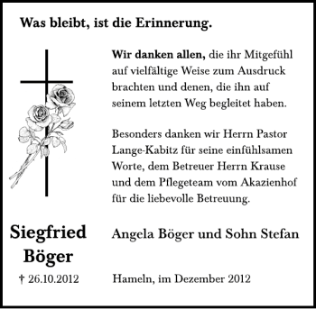 Traueranzeige von Siegfried Böger von Deister- und Weserzeitung