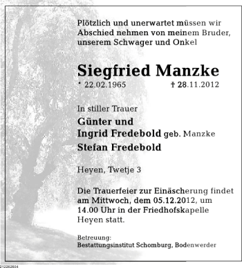 Traueranzeige von Siegfried Manzke von Deister- und Weserzeitung