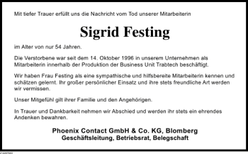 Traueranzeige von Siegrid Festing von Deister- und Weserzeitung