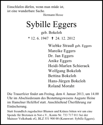 Traueranzeige von Sybille Eggers von Deister- und Weserzeitung