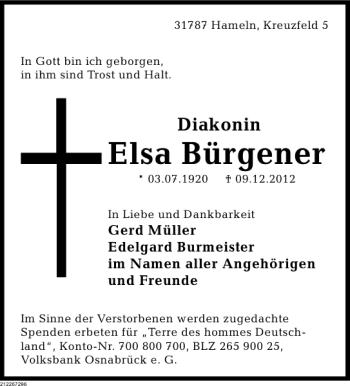 Traueranzeige von TA Diakonin Elsa Bürgener von Deister- und Weserzeitung