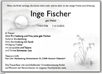 Traueranzeige von TA Inge Fischer von Deister- und Weserzeitung