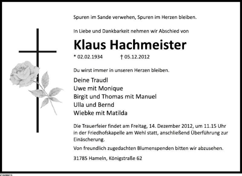  Traueranzeige für TA Klaus Hachmeister vom 08.12.2012 aus Deister- und Weserzeitung