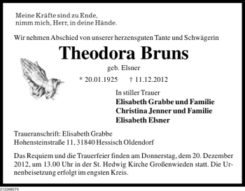Traueranzeige von Theodora Bruns von Deister- und Weserzeitung