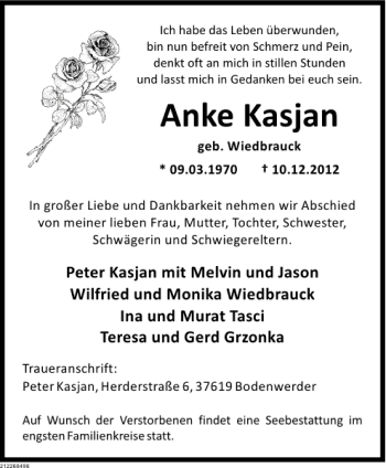 Traueranzeige von Trauer Anke Kasjan von Deister- und Weserzeitung