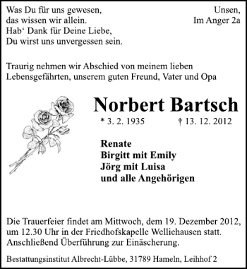 Traueranzeige von Traueranzeige Norbert Bartsch von Deister- und Weserzeitung