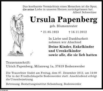 Traueranzeige von Ursula Papenberg von Deister- und Weserzeitung