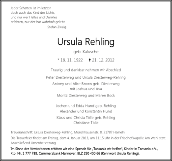 Traueranzeige von Ursula Rehling von Deister- und Weserzeitung