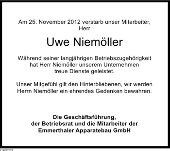 Traueranzeige von Uwe Niemöller von Deister- und Weserzeitung