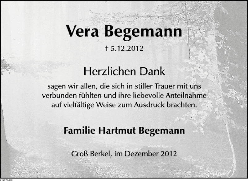  Traueranzeige für Vera Begemann vom 22.12.2012 aus Deister- und Weserzeitung