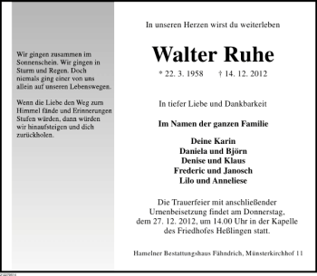 Traueranzeige von Walter Ruhe von Deister- und Weserzeitung