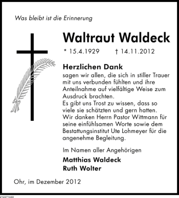 Traueranzeige von Waltraut Waldeck von Deister- und Weserzeitung
