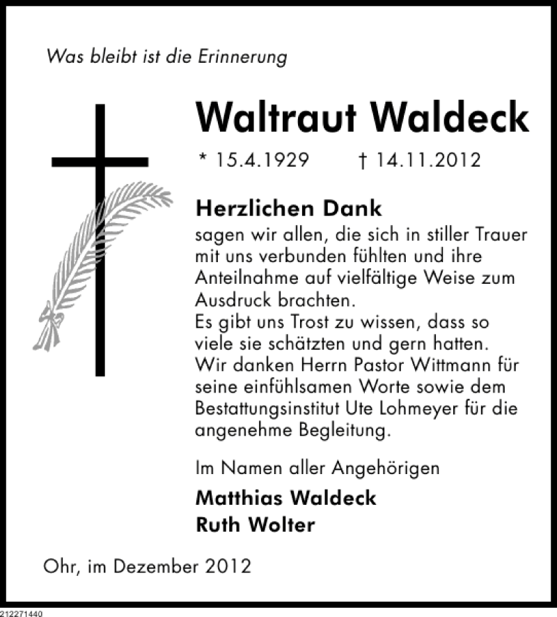  Traueranzeige für Waltraut Waldeck vom 22.12.2012 aus Deister- und Weserzeitung