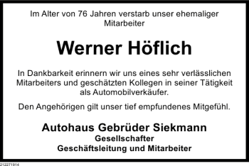 Traueranzeige von Werner Höflich von Deister- und Weserzeitung