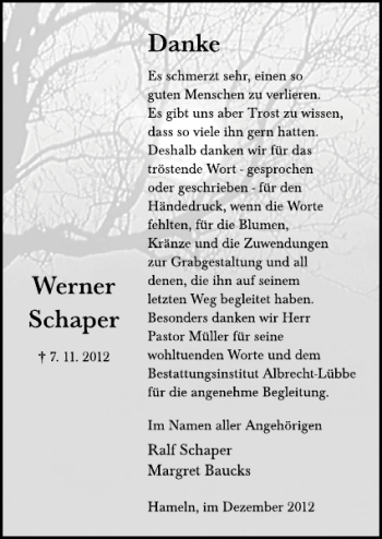 Traueranzeige von Werner Schaper von Deister- und Weserzeitung