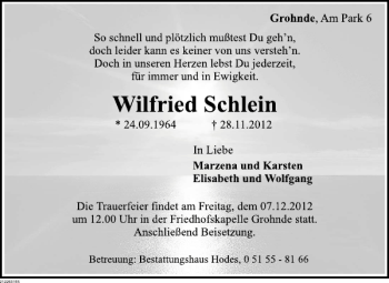 Traueranzeige von Wilfried Schlein von Deister- und Weserzeitung