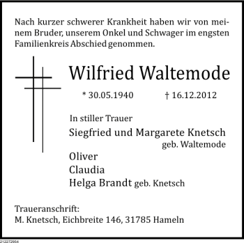 Traueranzeige von Wilfried Waltemode von Deister- und Weserzeitung