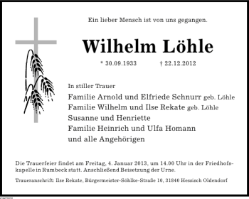 Traueranzeige von Wilhelm Löhle von Deister- und Weserzeitung