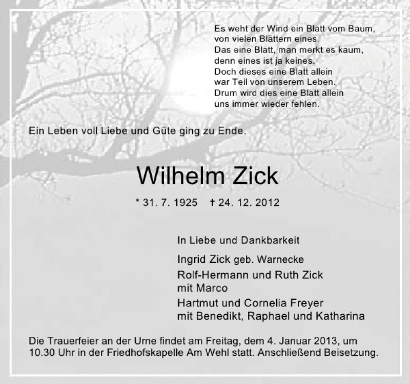 Traueranzeige für Wilhelm Zick vom 29.12.2012 aus Deister- und Weserzeitung