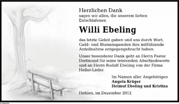 Traueranzeige von Willi Ebeling von Deister- und Weserzeitung