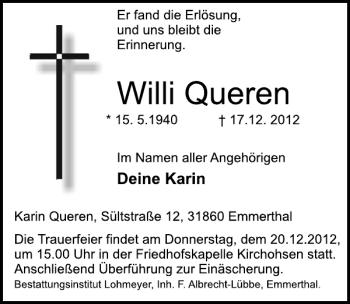 Traueranzeige von Willi Queren von Deister- und Weserzeitung