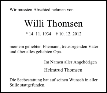 Traueranzeige von Willi Thomsen von Deister- und Weserzeitung