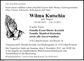 Traueranzeige von Wilma Kutschia von Deister- und Weserzeitung